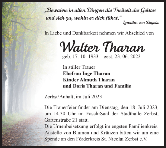 Traueranzeige von Walter Tharan von Volksstimme Zerbst