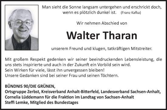 Traueranzeige von Walter Tharan von Volksstimme Zerbst