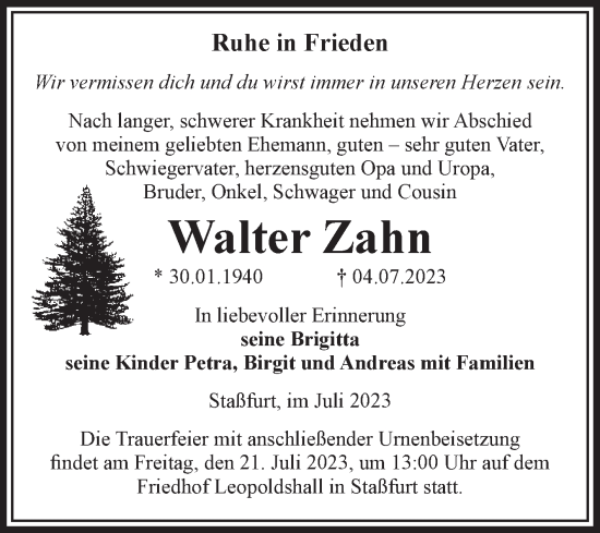 Traueranzeige von Walter Zahn von Volksstimme Staßfurt