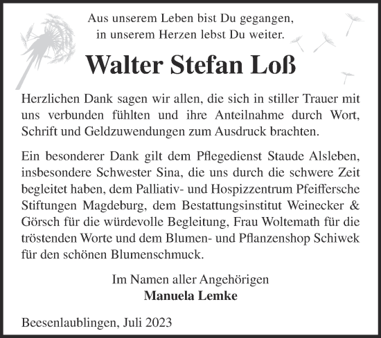 Traueranzeige von Walter Stefan Loß von Trauerkombi Bernburg