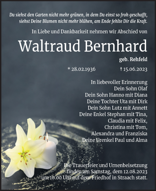 Traueranzeige von Waltraud Bernhard von Trauerkombi Wittenberg