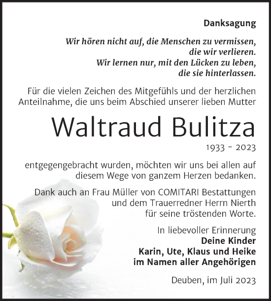 Traueranzeige von Waltraud Bulitza von Trauerkombi Weißenfels