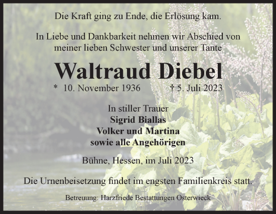 Traueranzeige von Waltraud Diebel von Volksstimme Halberstadt