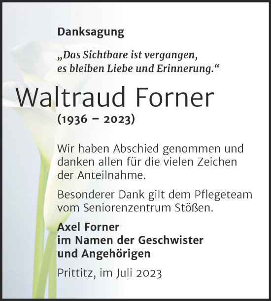 Traueranzeige von Waltraud Forner von Trauerkombi Weißenfels
