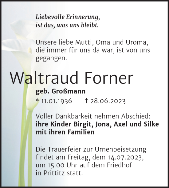 Traueranzeige von Waltraud Forner von Trauerkombi Weißenfels