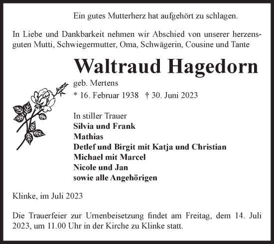 Traueranzeige von Waltraud Hagedorn von Volksstimme Altmark Ost