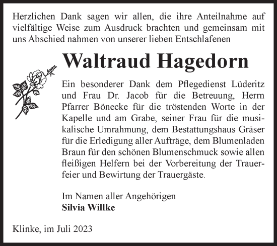 Traueranzeige von Waltraud Hagedorn von Volksstimme Altmark Ost