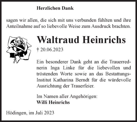Traueranzeige von Waltraud Heinrichs von Volksstimme Haldensleben/Wolmirstedt