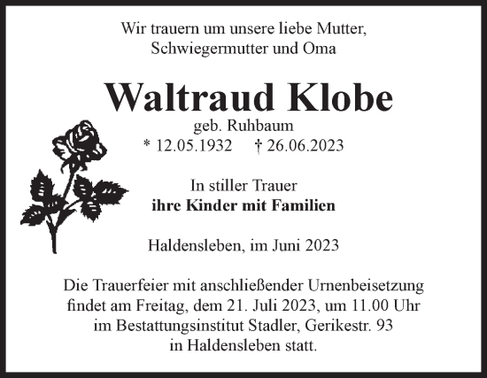 Traueranzeige von Waltraud Klobe von Volksstimme Haldensleben/Wolmirstedt