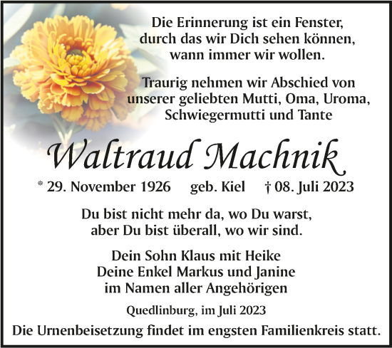 Traueranzeige von Waltraud Machnik von Trauerkombi Quedlinburg