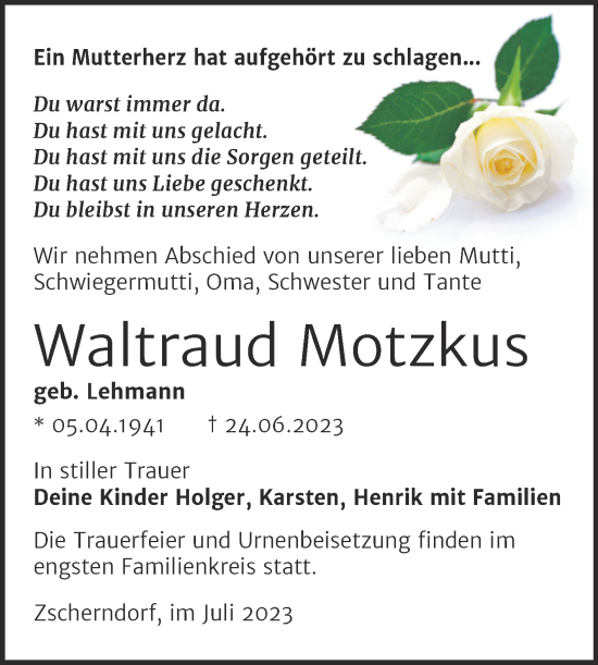 Traueranzeige von Waltraud Motzkus von Trauerkombi Bitterfeld