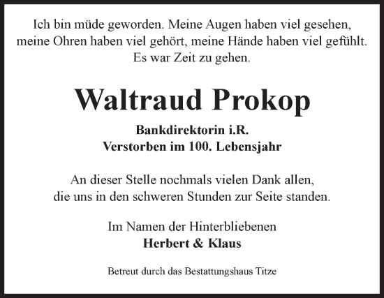 Traueranzeige von Waltraud Prokop von Volksstimme Burg/Genthin