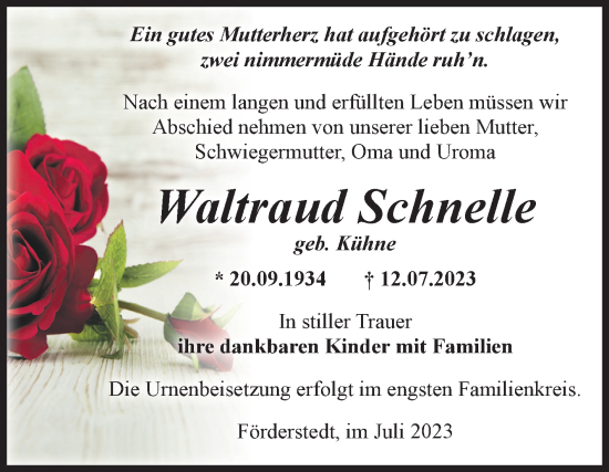 Traueranzeige von Waltraud Schnelle von Volksstimme Staßfurt