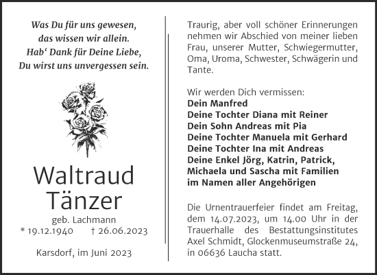 Traueranzeige von Waltraud Tänzer von Wochenspiegel Naumburg/Nebra