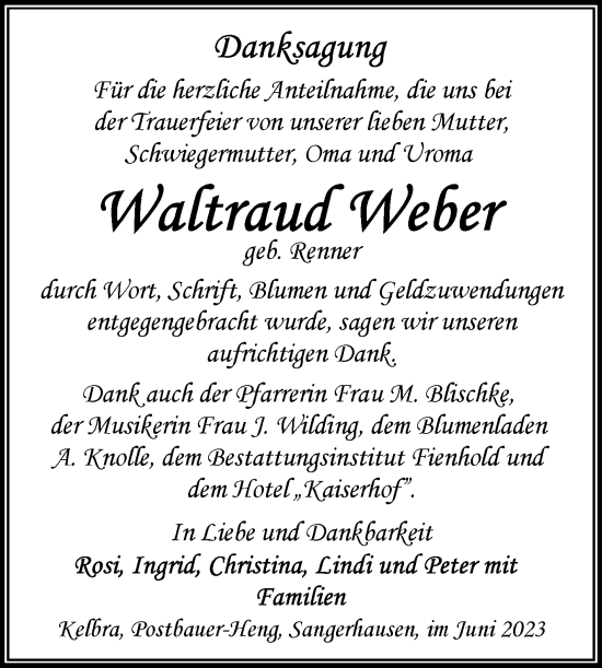 Traueranzeige von Waltraud Weber von Trauerkombi Sangerhausen