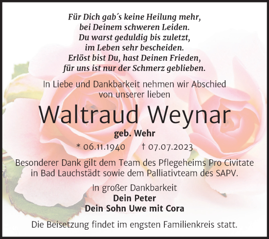 Traueranzeige von Waltraud Weynar von Trauerkombi Merseburg