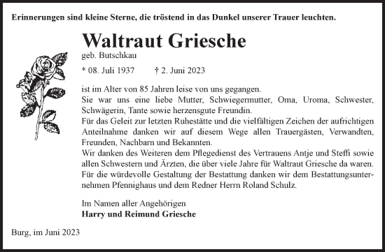 Traueranzeige von Waltraut Griesche von Volksstimme Burg/Genthin