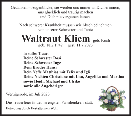Traueranzeige von Waltraut Kliem von Volksstimme Wernigerode