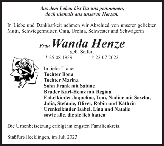 Traueranzeige von Wanda Henze von Volksstimme Staßfurt