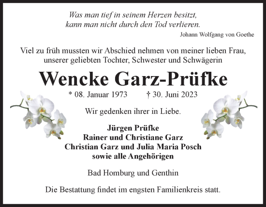 Traueranzeige von Wencke Garz-Prüfke von Volksstimme Burg/Genthin