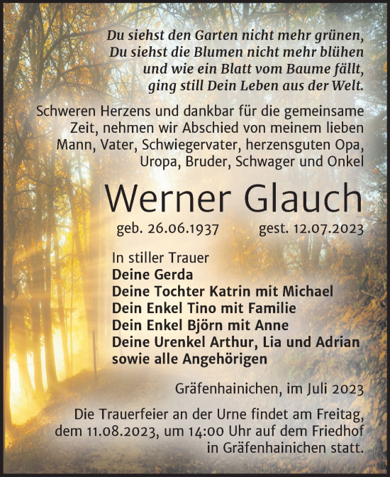 Traueranzeige von Werner Glauch von Trauerkombi Wittenberg