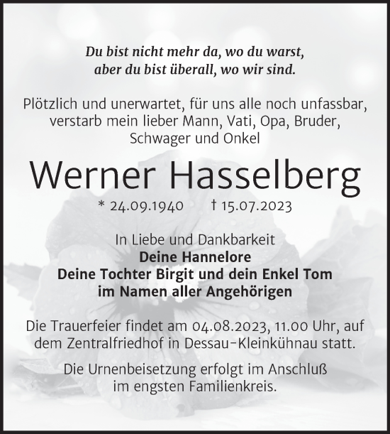Traueranzeige von Werner Haselberg von Trauerkombi Dessau