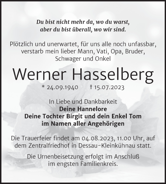 Traueranzeige von Werner Hasselberg von Trauerkombi Dessau