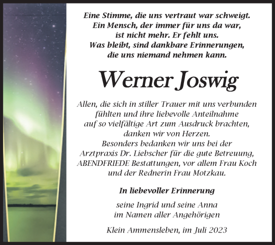 Traueranzeige von Werner Joswig von Volksstimme Haldensleben/Wolmirstedt