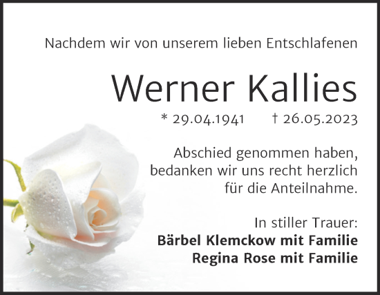 Traueranzeige von Werner Kallies von Mitteldeutsche Zeitung Mansfelder Land