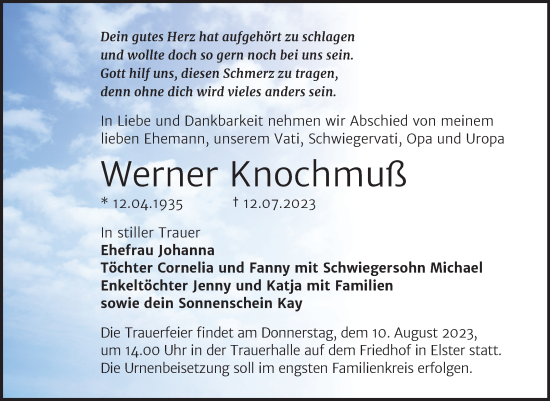 Traueranzeige von Werner Knochmuß von Trauerkombi Wittenberg