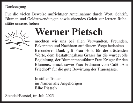 Traueranzeige von Werner Pietsch von Volksstimme Altmark Ost