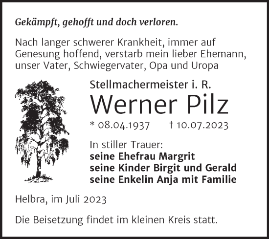 Traueranzeige von Werner Pilz von Trauerkombi Mansfelder Land