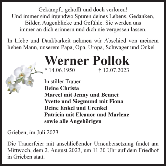 Traueranzeige von Werner Pollok von Volksstimme Altmark Ost
