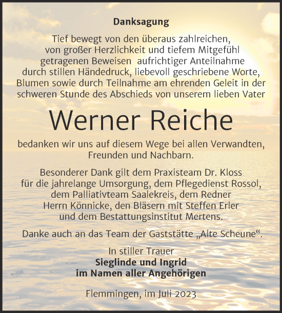 Traueranzeige von Werner Reiche von Naumburger Tageblatt