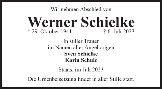 Traueranzeige von Werner Schielke von Volksstimme Altmark Ost