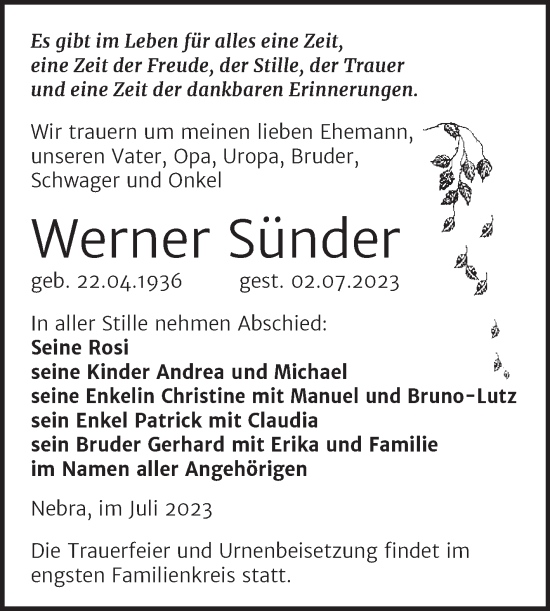 Traueranzeige von Werner Sünder von Naumburger Tageblatt