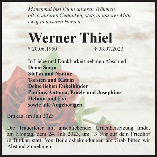 Traueranzeige von Werner Thiel von Volksstimme Altmark Ost