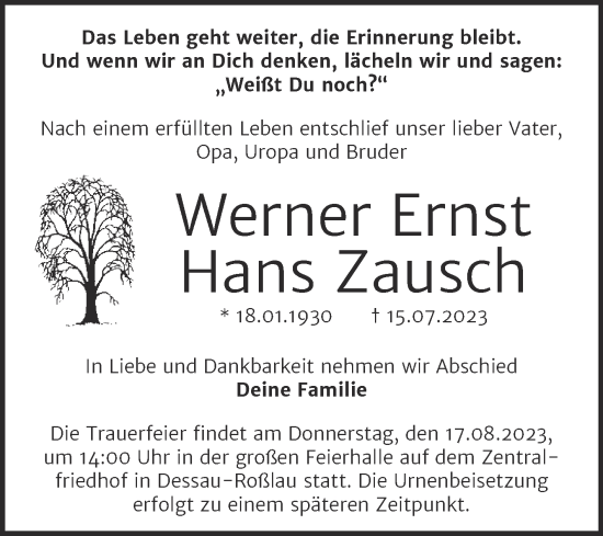 Traueranzeige von Werner Ernst Hans Zausch von Trauerkombi Dessau