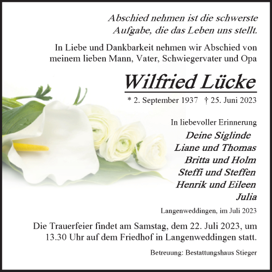 Traueranzeige von Wilfried Lücke von Volksstimme Oschersleben/Wanzleben