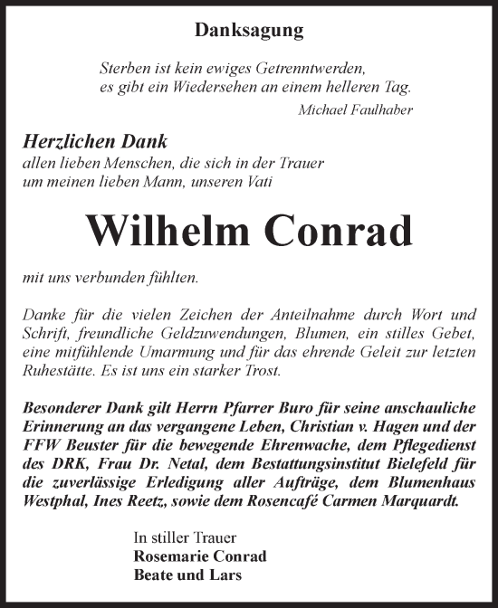 Traueranzeige von Wilhelm Conrad von Volksstimme Altmark Ost