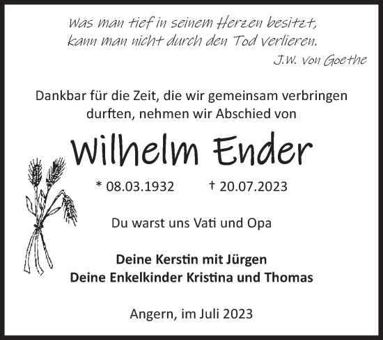 Traueranzeige von Wilhelm Ender von Volksstimme Haldensleben/Wolmirstedt