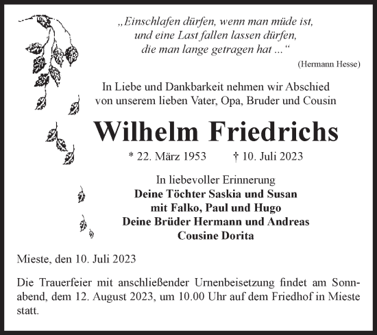 Traueranzeige von Wilhelm Friedrichs von Volksstimme Altmark West