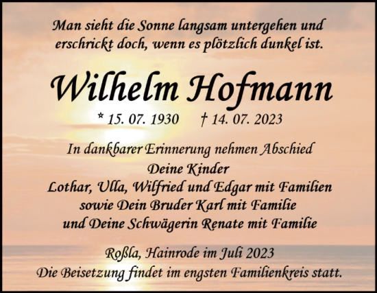 Traueranzeige von Wilhelm Hofmann von Trauerkombi Sangerhausen