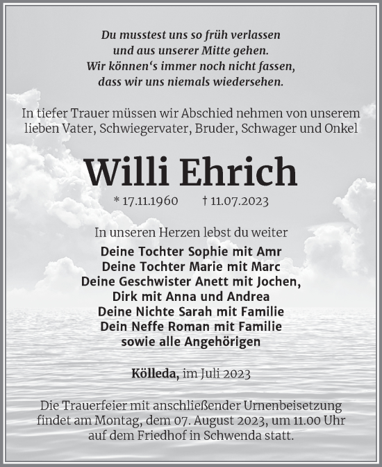 Traueranzeige von Willi Ehrich von Trauerkombi Sangerhausen