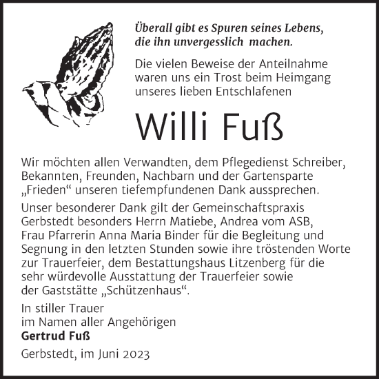 Traueranzeige von Willi Fuß von Trauerkombi Mansfelder Land