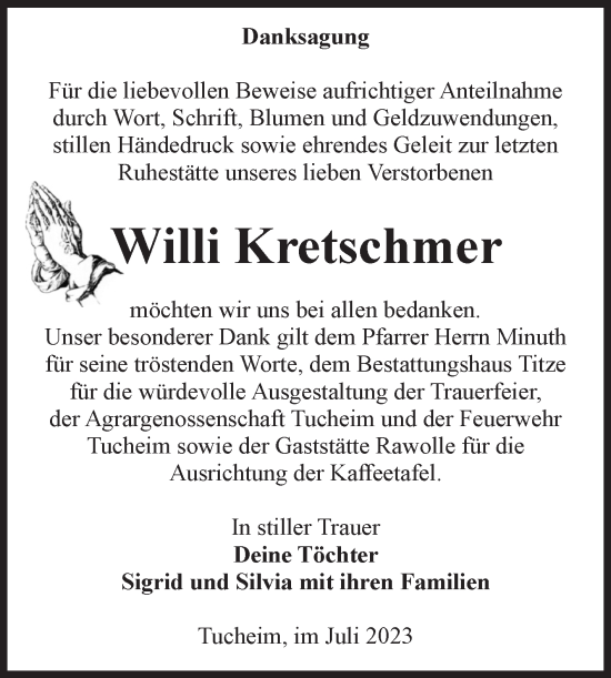 Traueranzeige von Willi Kretschmer von Volksstimme Burg/Genthin