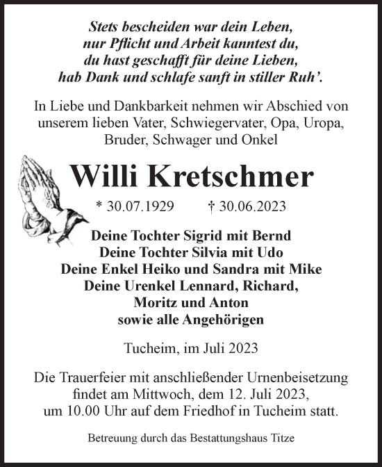 Traueranzeige von Willi Kretschmer von Volksstimme Burg/Genthin
