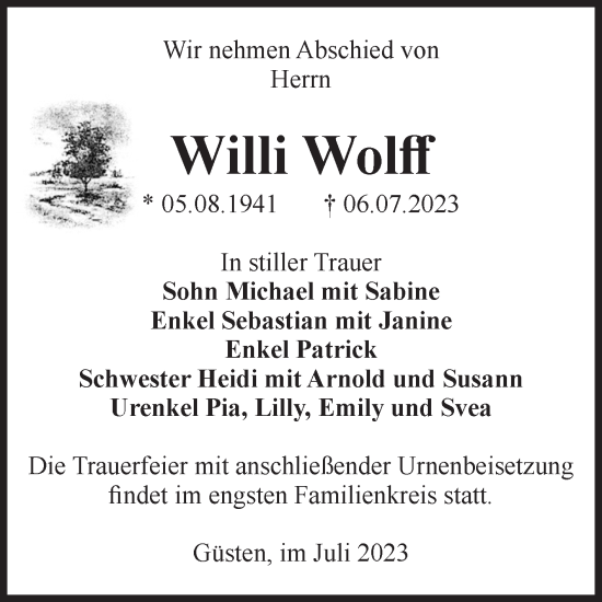 Traueranzeige von Willi Wolff von Mitteldeutsche Zeitung