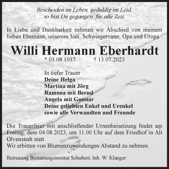 Traueranzeige von Willi Hermann Eberhardt von Volksstimme Magdeburg
