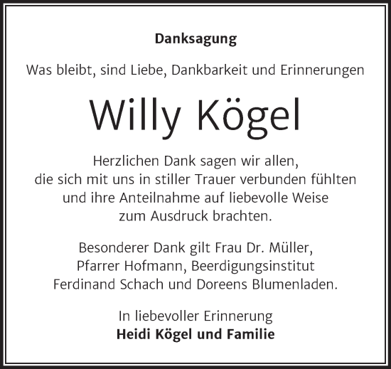 Traueranzeige von Willy Kögel von Trauerkombi Wittenberg